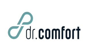 A logo featuring a stylized infinity symbol with a light blue hue, accompanied by the text "dr.comfort" in dark blue.