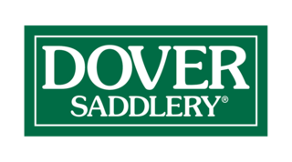 A rectangular logo featuring bold white text, "DOVER SADDLERY," against a dark background, indicating equestrian merchandise.