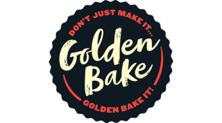 A round logo featuring the phrase "Don't just make it... Golden Bake!," emphasizing a fun and inviting baking theme.