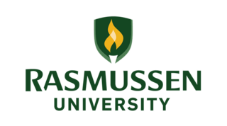 A logo featuring a shield with a flame design, accompanied by the text "Rasmussen University" in bold.