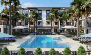 A serene pool area surrounded by palm trees and colorful landscaping, featuring lounge chairs and shaded areas for relaxation.