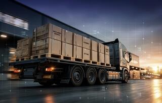 A truck loaded with wooden crates drives through a warehouse area, surrounded by a digital overlay suggesting advanced logistics.