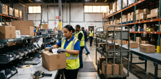 Workers in a warehouse wearing safety vests are packing and preparing boxes amidst shelves filled with products.
