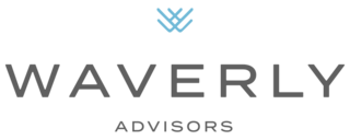 Stylized text features "Waverly" in bold grey, with "Advisors" in a smaller font. A blue emblem above the name adds a modern touch.