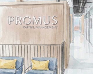 A modern office interior features a sleek, wood-paneled wall with the name "PROMUS CAPITAL MANAGEMENT," and stylish seating in soft colors.
