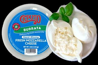 A container of Caputo Burrata cheese, showcasing creamy, fresh mozzarella with a smooth, rich interior. Perfect for gourmet dishes.