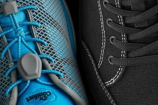 A close-up of two shoes side by side: one in vibrant blue with a sleek design, the other in classic black with traditional laces.