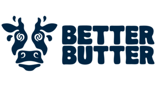 A stylized cow face features swirling eyes, accompanied by the playful text "BETTER BUTTER" in bold, rounded letters.