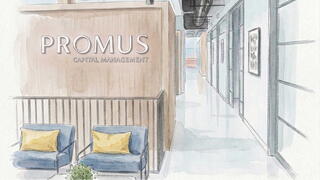 A modern office corridor features a reception for Promus Capital Management, with stylish seating and a clean, minimalistic design.